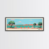 Brantley Lake New Mexico Framed Canvas Print, Midcentury Modern Panoramic Wall Art, Living Room Decor, Pop Art, Travel Poster Art, Scenic Nature Painting