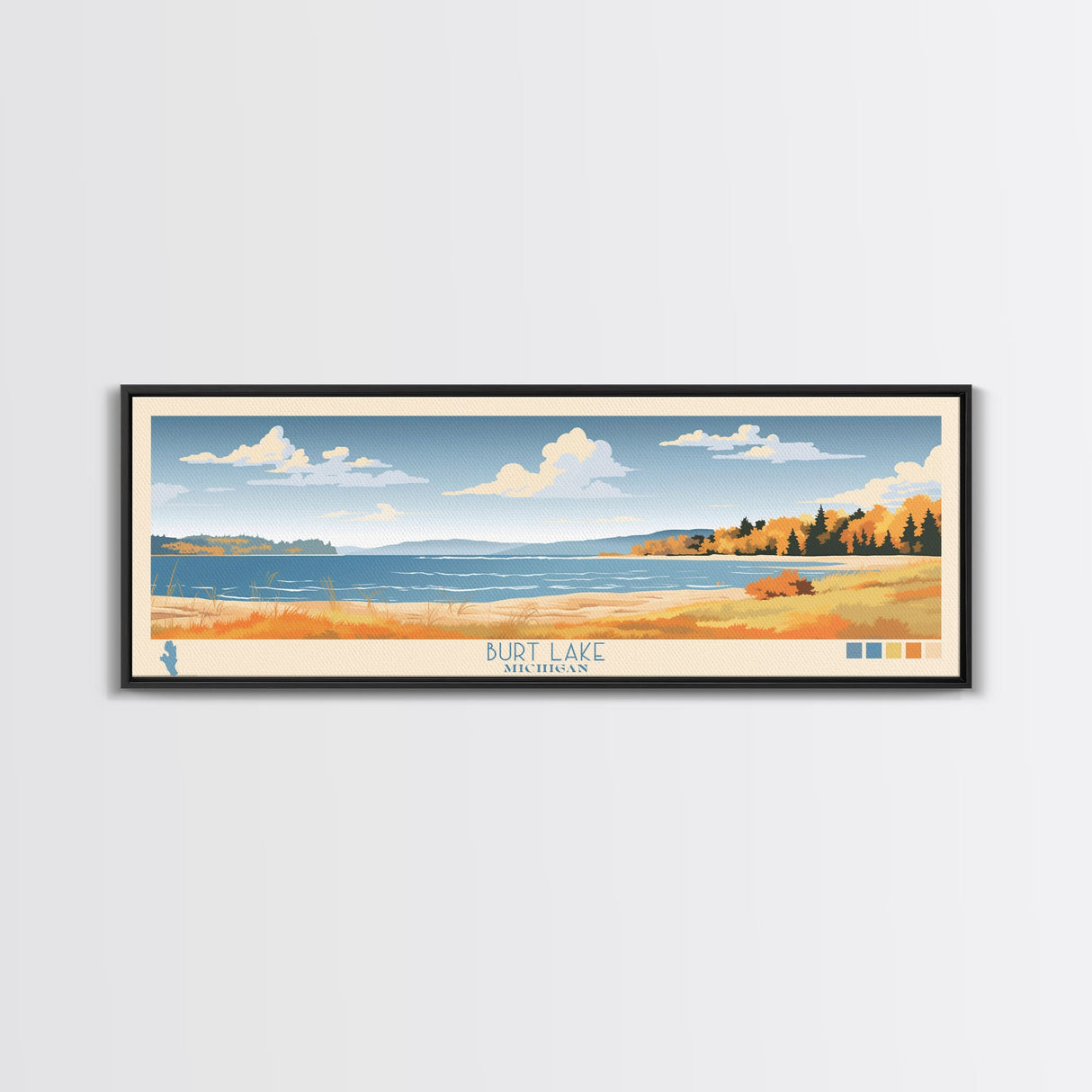 Burt Lake Michigan Framed Canvas Print, Pop Art Panoramic Travel Poster, Midcentury Modern, Wall Art, Scenic Nature Painting, Bedroom Decor
