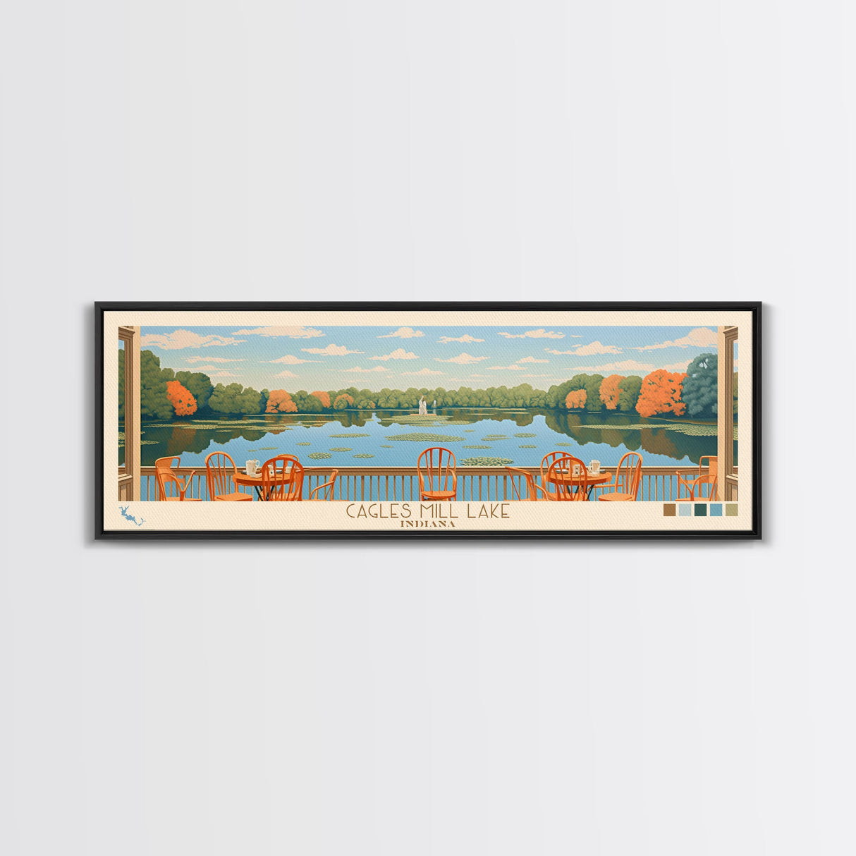 Cagles Mill Lake Indiana Framed Canvas Print, Midcentury Modern Panoramic Wall Art, Living Room Decor, Pop Art, Travel Poster Art, Scenic Nature Painting