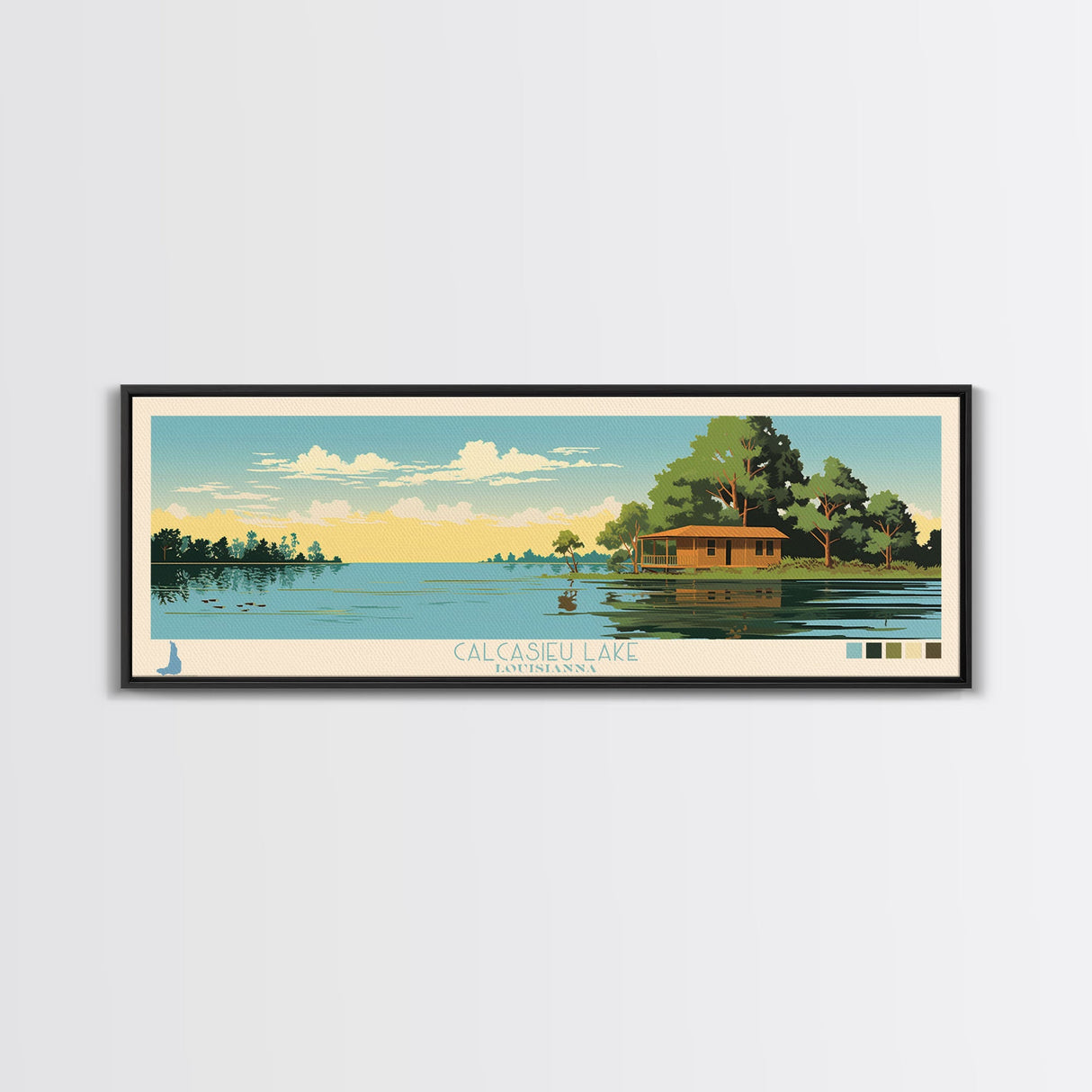 Calcasieu Lake Louisianna Framed Canvas Print, Pop Art Panoramic Travel Poster, Midcentury Modern, Wall Art, Scenic Nature Painting, Bedroom Decor