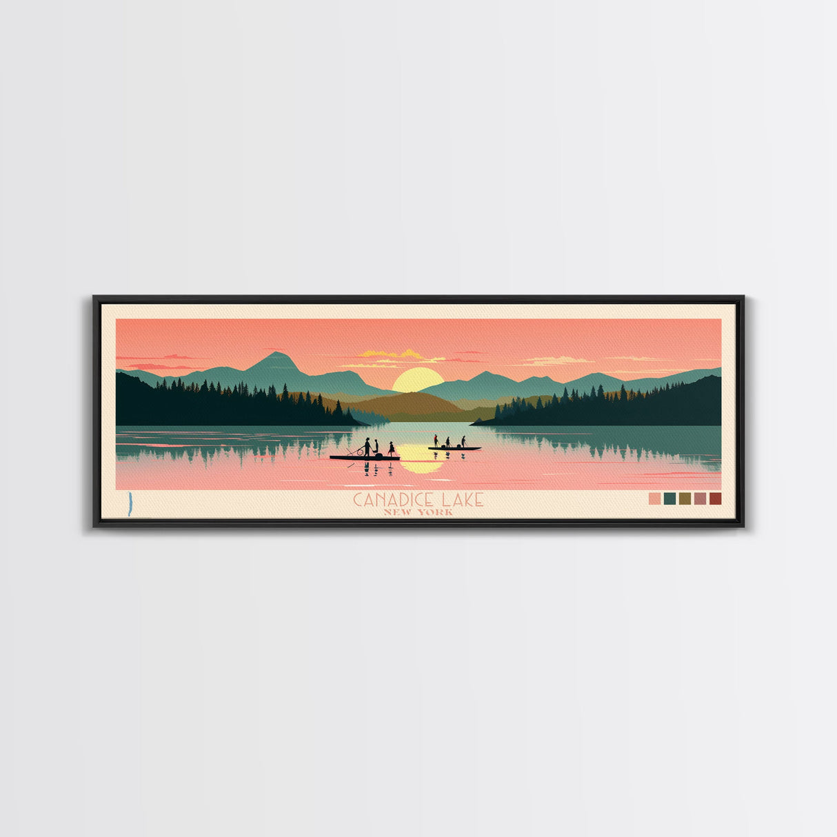 Canadice Lake New York Framed Canvas Print, Pop Art Panoramic Travel Poster, Midcentury Modern, Wall Art, Scenic Nature Painting, Bedroom Decor