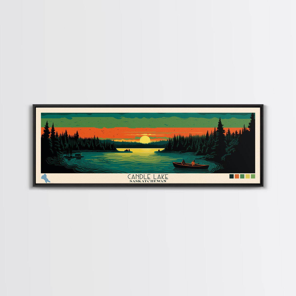 Candle Lake Saskatchewan Framed Canvas Print, Midcentury Modern Panoramic Wall Art, Living Room Decor, Pop Art, Travel Poster Art, Scenic Nature Painting