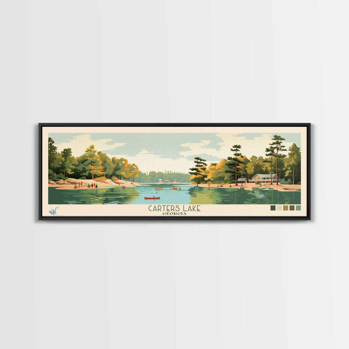 Carters Lake Georgia Framed Canvas Print, Pop Art Panoramic Travel Poster, Midcentury Modern, Wall Art, Scenic Nature Painting, Bedroom Decor, Living Room Art