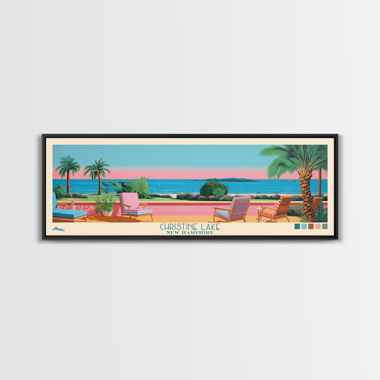 Christine Lake New Hamphire Framed Canvas Print, Pop Art Panoramic Travel Poster, Midcentury Modern, Wall Art, Scenic Nature Painting, Bedroom Decor, Living Room Art