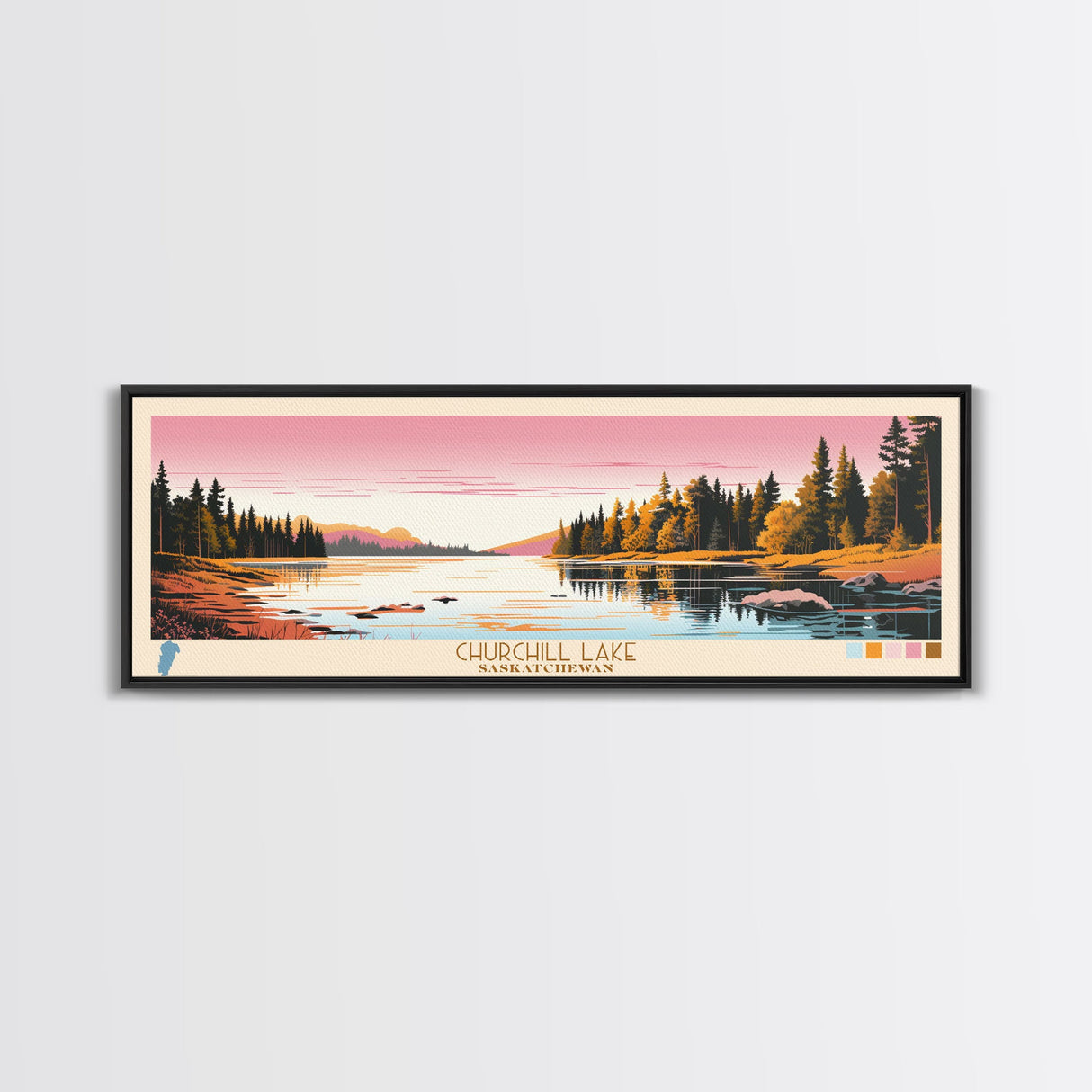 Churchill Lake Saskatchewan Framed Canvas Print, Midcentury Modern Panoramic Wall Art, Living Room Decor, Pop Art, Travel Poster Art, Scenic Nature Painting, Lake House Decor