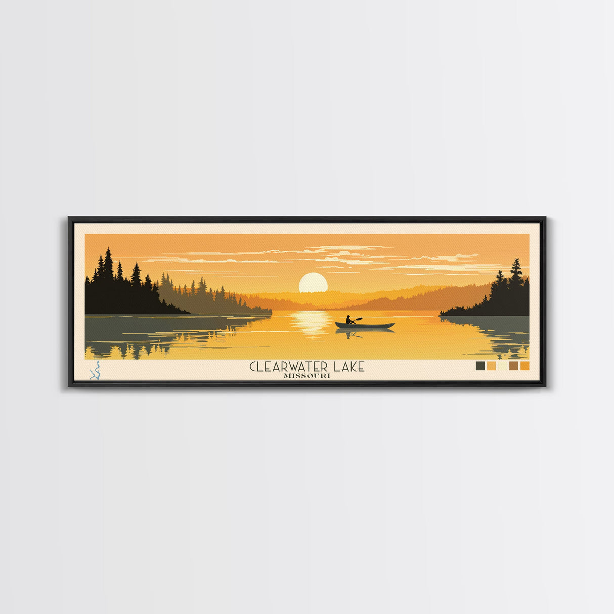 Clearwater Lake Missouri Framed Canvas Print, Pop Art Panoramic Travel Poster, Midcentury Modern, Wall Art, Scenic Nature Painting, Bedroom Decor, Living Room Art