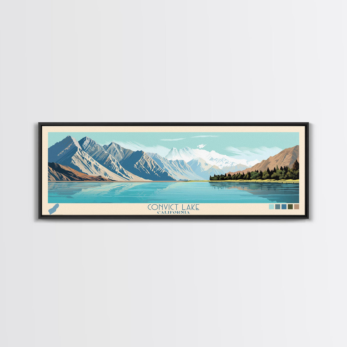 Convict Lake California Framed Canvas Print, Midcentury Modern Panoramic Wall Art, Living Room Decor, Pop Art, Travel Poster Art, Nature Art, Lake House Decor