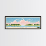 Coralville Lake Iowa Framed Canvas Print, Midcentury Modern Panoramic Wall Art, Living Room Decor, Pop Art, Travel Poster Art, Scenic Nature Painting, Lake House Decor