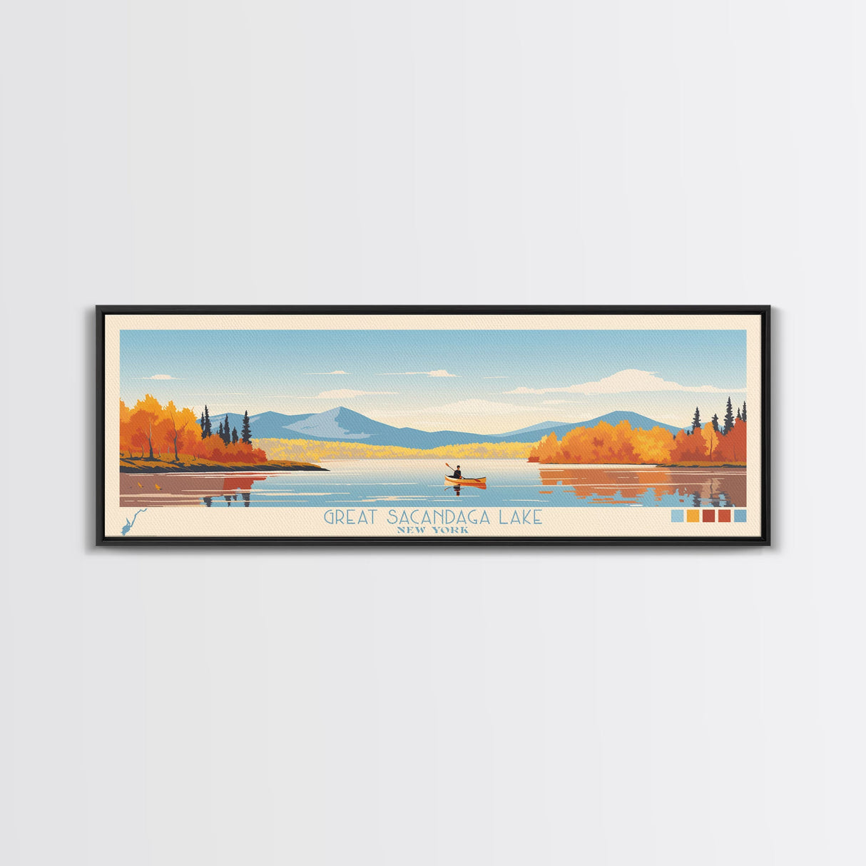 Great Sacandaga Lake New York Framed Canvas Print, Panoramic Art, Midcentury Modern, Pop Art, Bedroom Decor, Travel Poster, Lake House Art, Home Decor