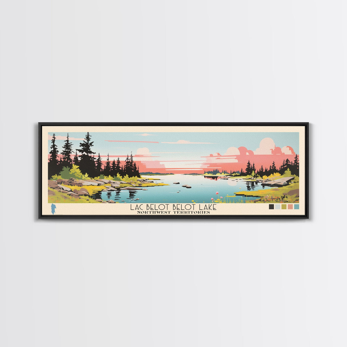 Lac Belot Northwest Territories Framed Canvas Print, Panoramic Wall Art, Midcentury Modern, Pop Art, Lake House Art, Travel Poster, Living Room Decor