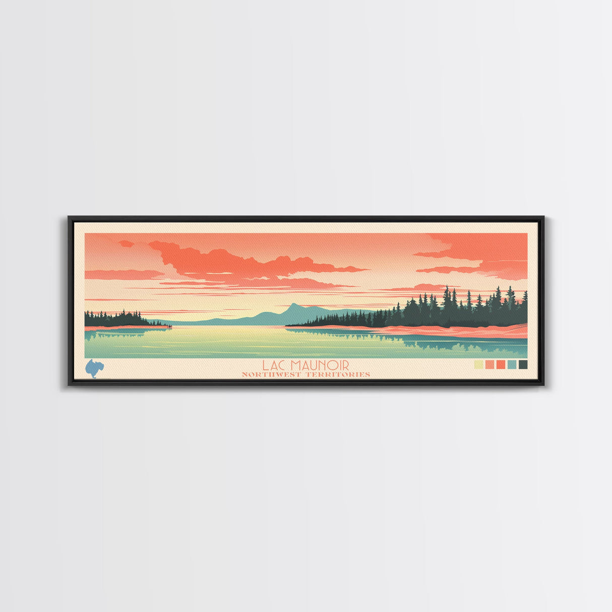 Lac Maunoir Northwest Territories Framed Canvas Print, Panoramic Art, Midcentury Modern, Pop Art, Living Room Wall Art, Travel Poster, Lake House Decor