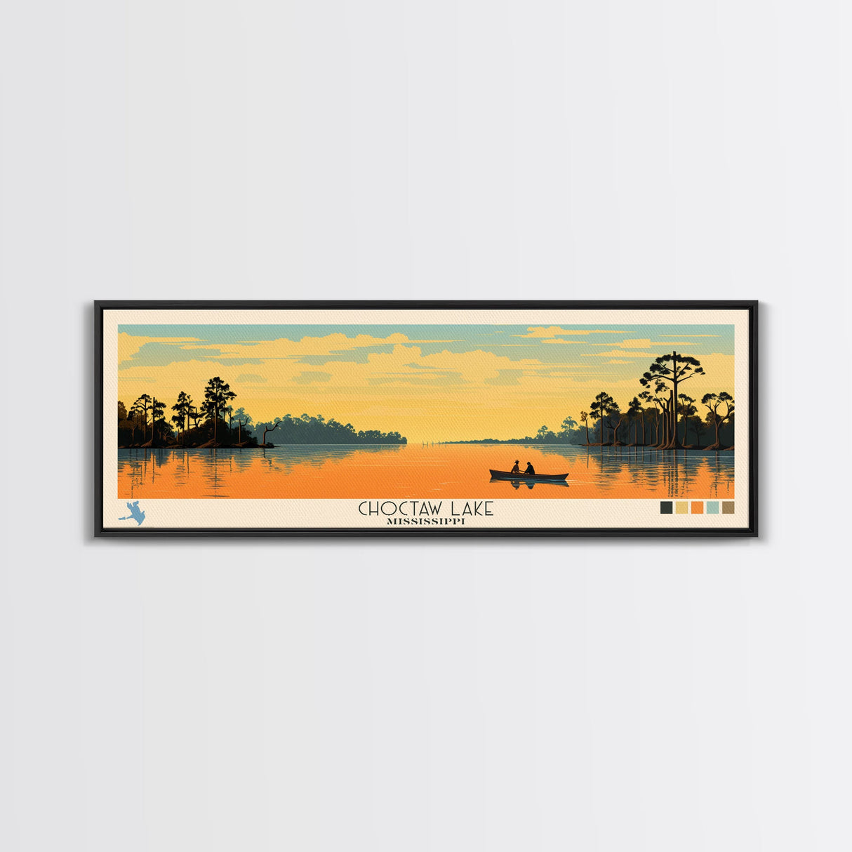 Lake Choctaw Framed Canvas Print, Panoramic Art, Midcentury Modern, Pop Art, Living Room Wall Art, Travel Poster, Lake House Decor
