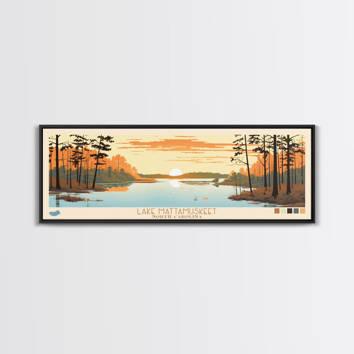 Lake Mattamuskeet North Carolina Framed Canvas Print, Panoramic Wall Art, Midcentury Modern, Pop Art, Bedroom Art, Travel Poster, Lake House Decor