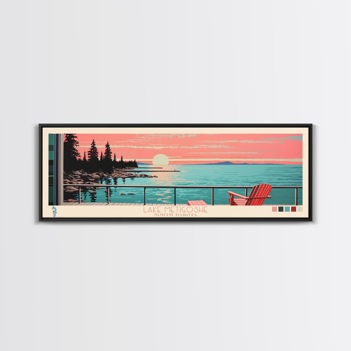 Lake Metigoshe North Dakota Framed Canvas Print, Panoramic Wall Art, Midcentury Modern, Pop Art, Living Room Decor, Travel Poster
