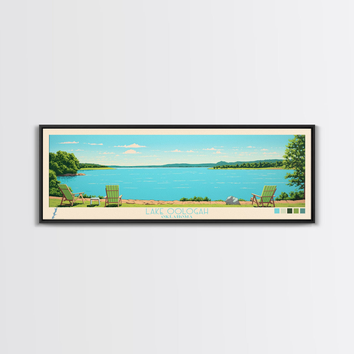 Lake Oologah Oklahoma Framed Canvas Print, Panoramic Wall Art, Midcentury Modern, Pop Art, Bedroom Art, Travel Poster, Lake House Decor