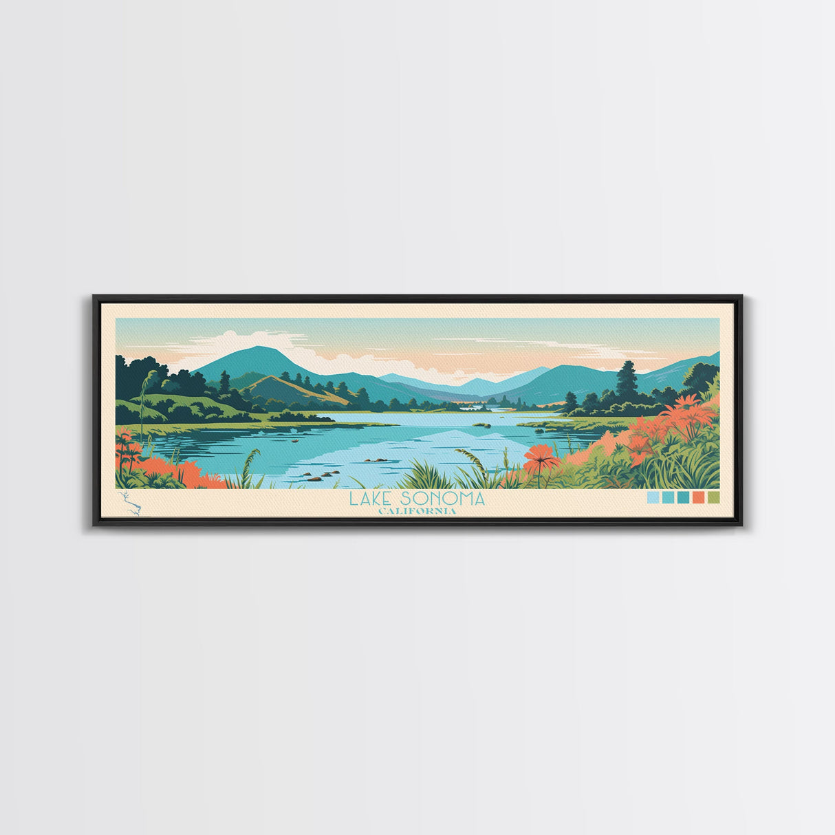 Lake Sonoma California Framed Canvas Print, Panoramic Wall Art, Midcentury Modern, Pop Art, Living Room Decor, Travel Poster, Lake House Art