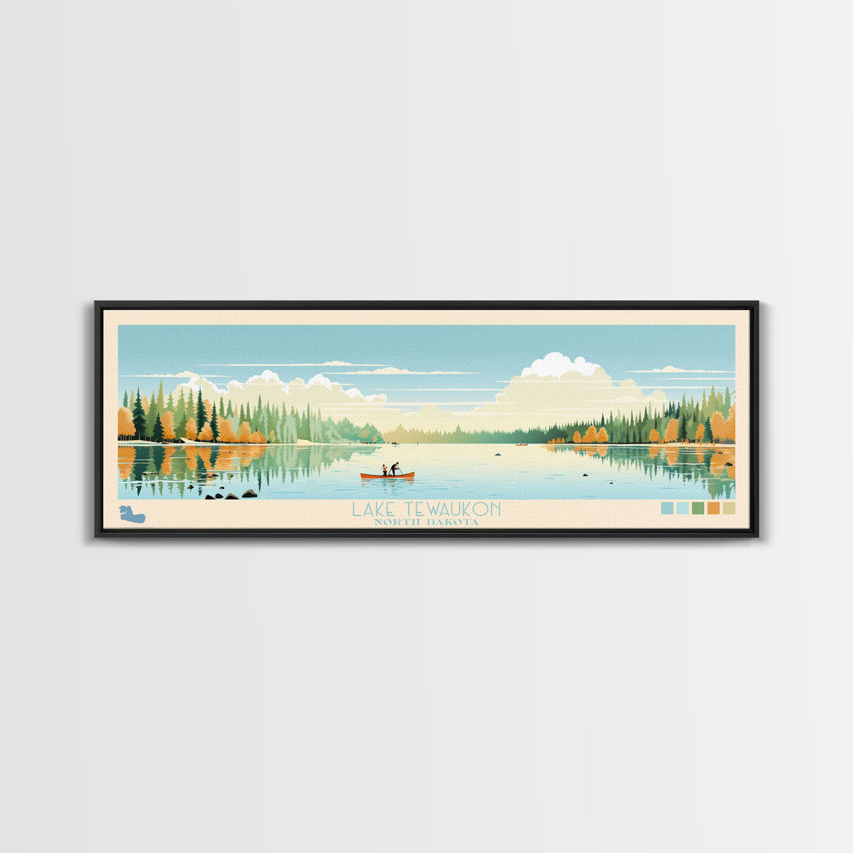 Lake Tewaukon North Dakota Framed Canvas Print, Panoramic Wall Art, Midcentury Modern, Pop Art, Living Room Decor, Travel Poster, Lake House Art