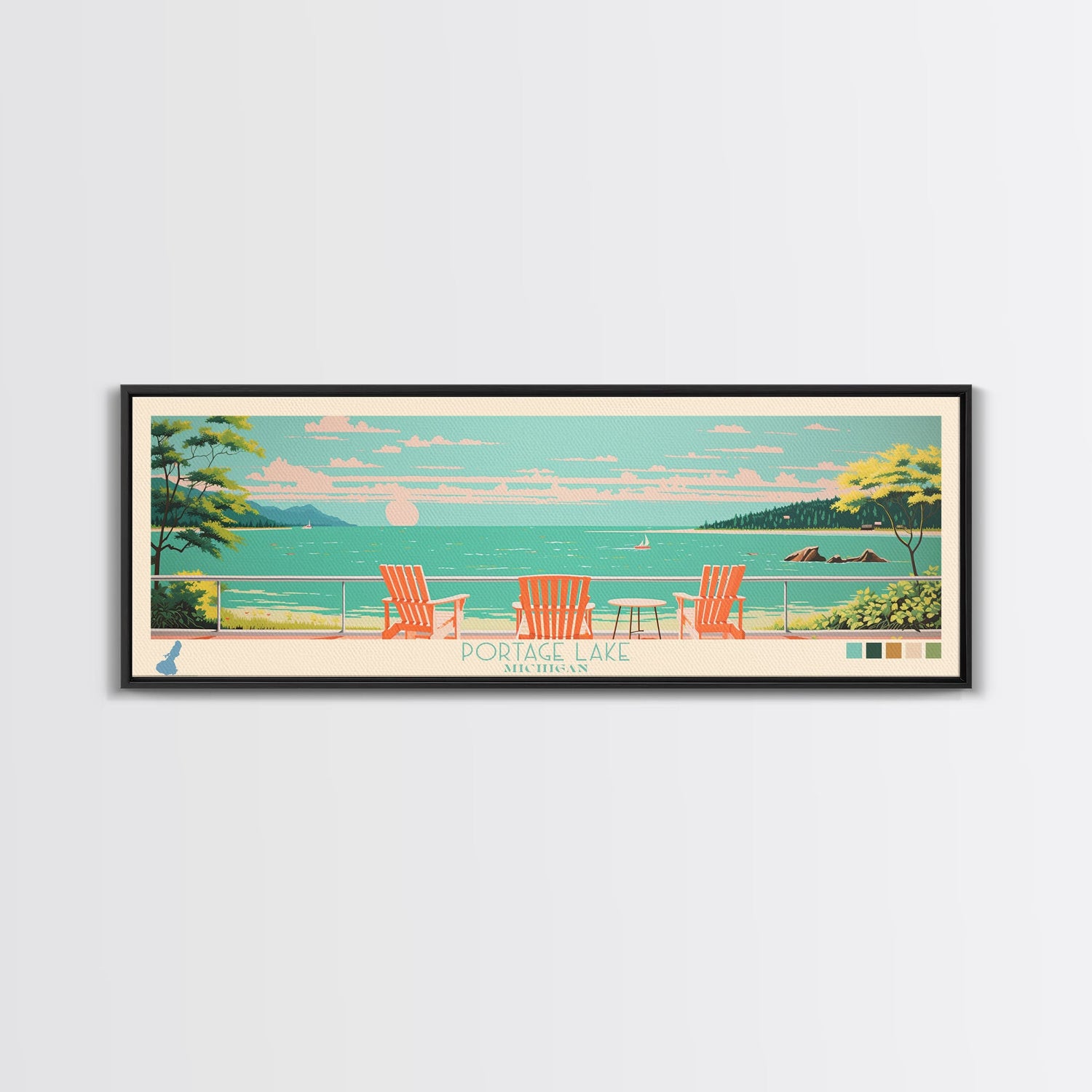 Portage Lake, Michigan Framed Canvas Print, Bedroom Art, Midcentury Modern, Pop Art, Panoramic Wall Art, Travel Poster