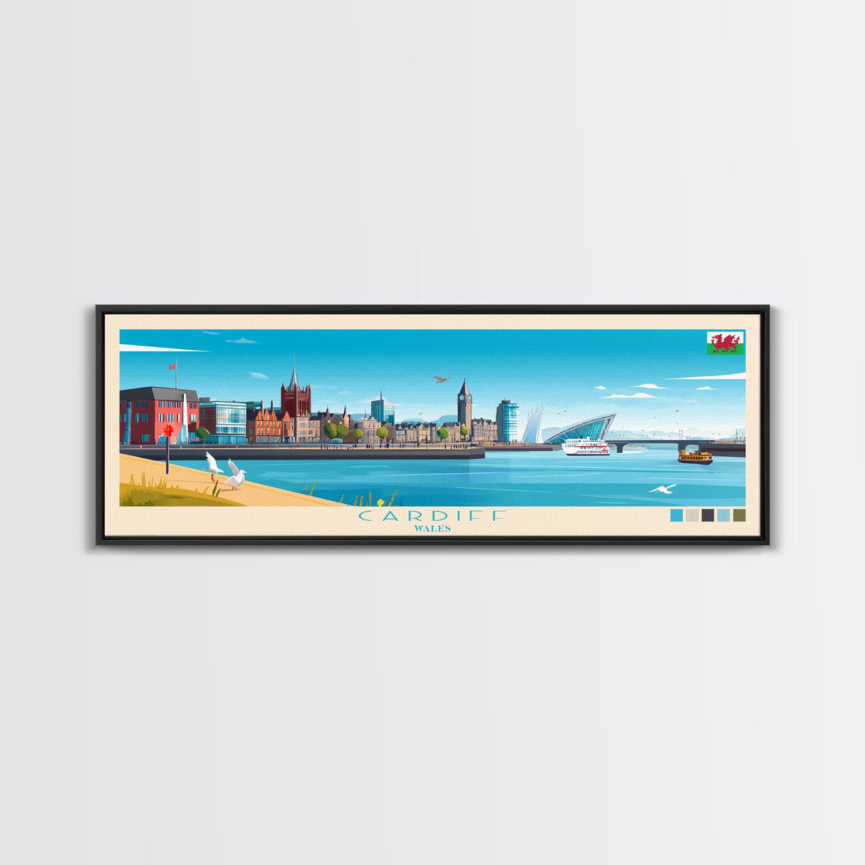 Cardiff, Wales Travel Poster Panoramic Canvas Print, Cardiff, Wales Painting, Wales Art, Cardiff Travel Art, Guest Room Painting