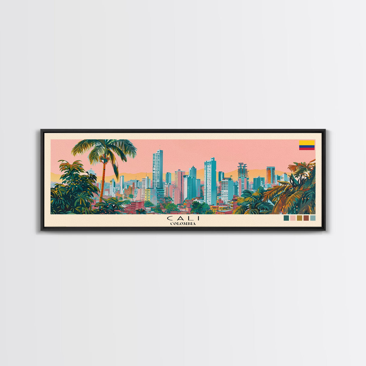 Cali, Colombia Panoramic Canvas Print, Cali, Colombia Painting, Colombia Art, Cali Travel Poster, Travel Art, Vacation Gift