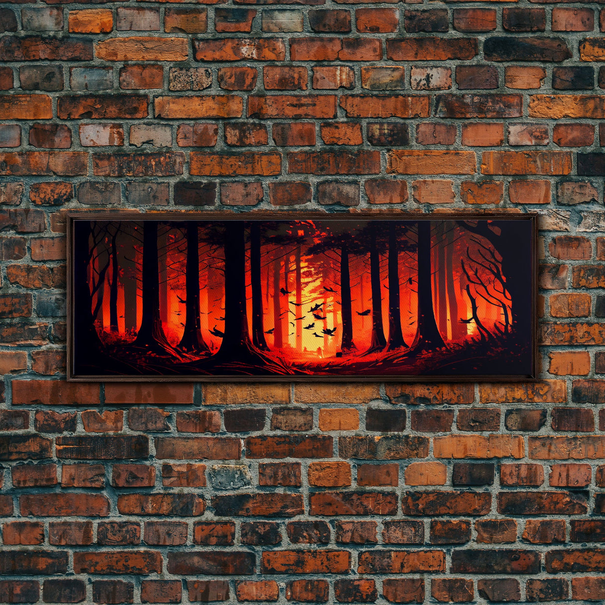 Forest Landscape Art, Forest Fire, Fall / Autumn Decor, Panoramic Wall Art, Framed Canvas Print, Orange and Yellow Fantasy Forest