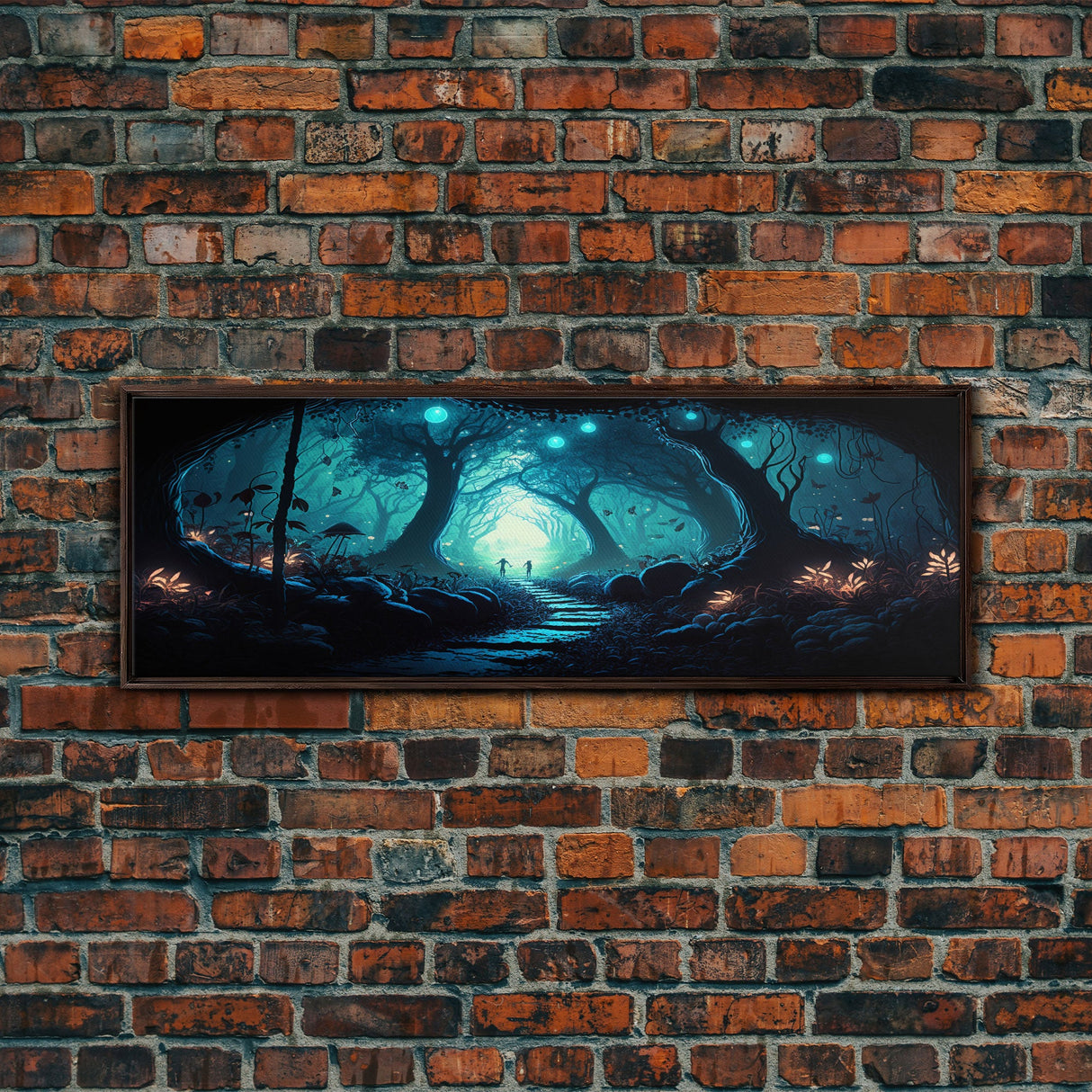 The mycelium Networrk, Fantasy Art, Framed Canvas Print, Bioluminescent Fantasy Forest At Night, Blue Glowing Ambience Art