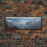 Ultrawide Panoramic Watercolor Landscape Painting Of A Desert Canyon, Framed Canvas Print, Subdued Boho Minimalist Wall Art, Guest Room Art