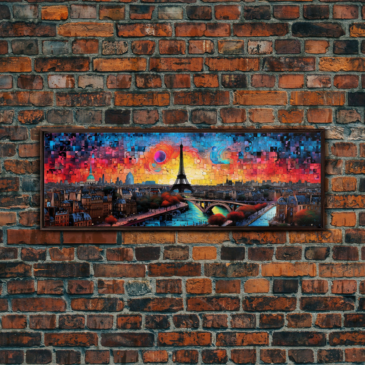 Jigsaw Abstract Paris France Panoramic Framed Canvas Print, Van Gogh Inspired Original Painting, Colorful Wall Art