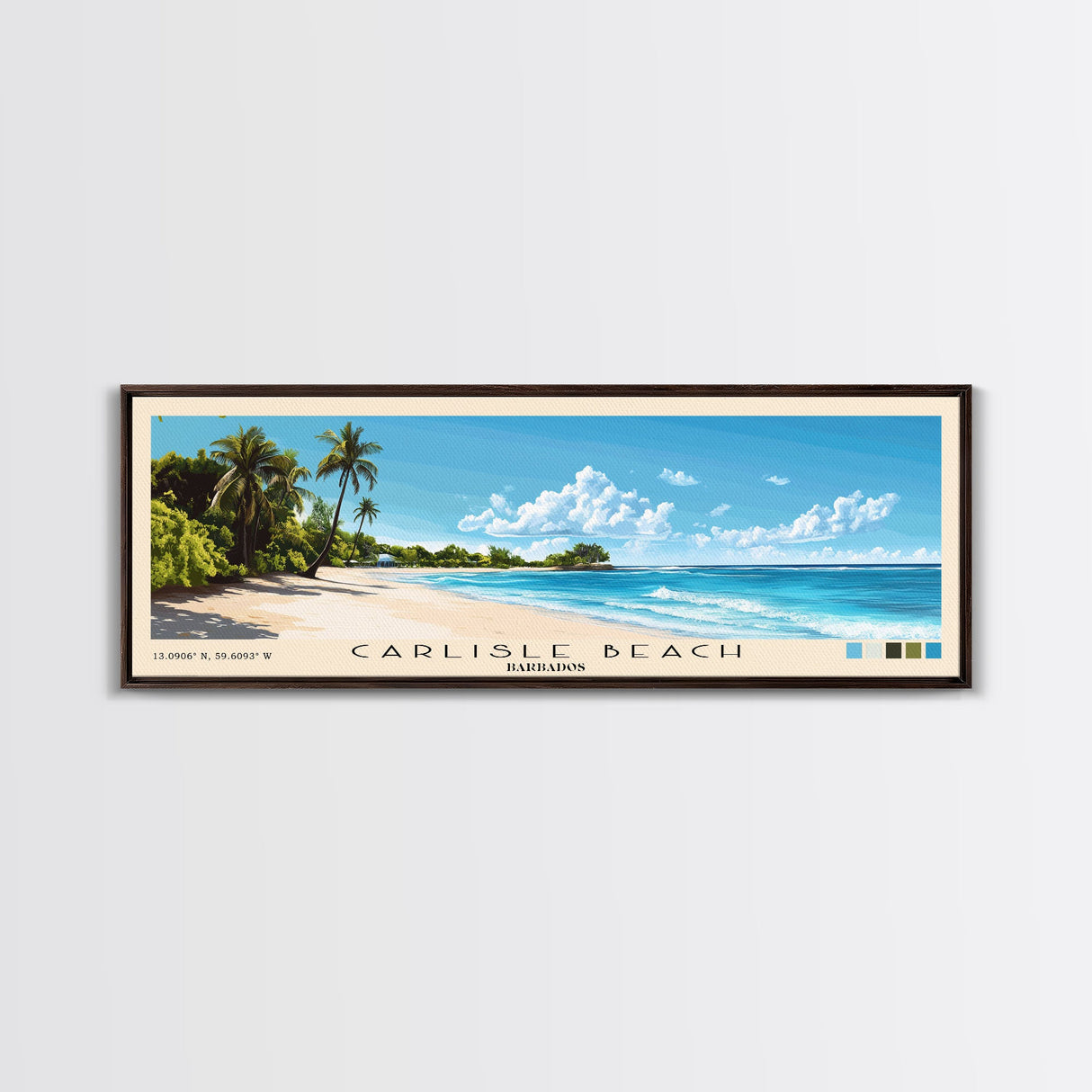 Carlisle Beach, Barbados Panoramic Beach Print, Vacation Gift, Barbados Wall Art, Framed Canvas Print, Framed Beach Painting