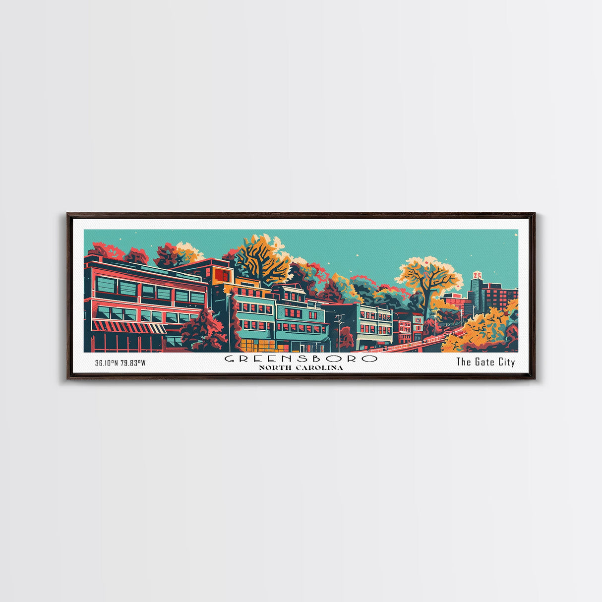 Greensboro North Carolina Travel Poster Framed Canvas Print, Panoramic Mid Century Modern Art, Pop Art Style, Wall Decor, Home Decor, Retro Style Art