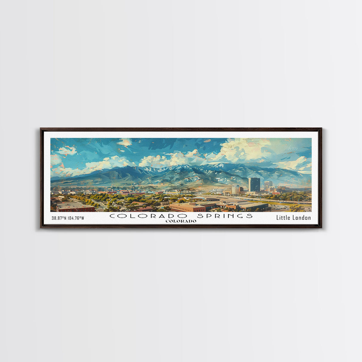 Colorado Springs Colorado Panoramic Watercolor Painting Framed Canvas Print, Travel Poster Art, Mountain Cityscape, Living Room Decor, Wall Art, Office Decoration, Colorado Gift