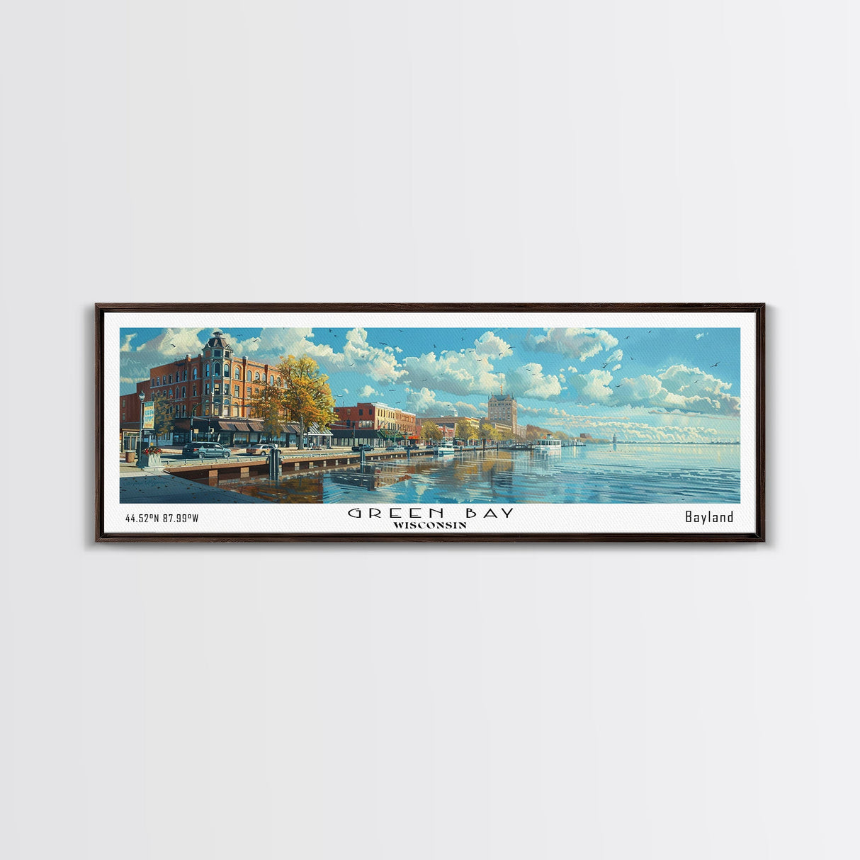 Green Bay Wisconsin Panoramic Watercolor Painting, Urban Framed Canvas Print, Cityscape Wall Art for Office, Travel Decor, Home Gift Idea