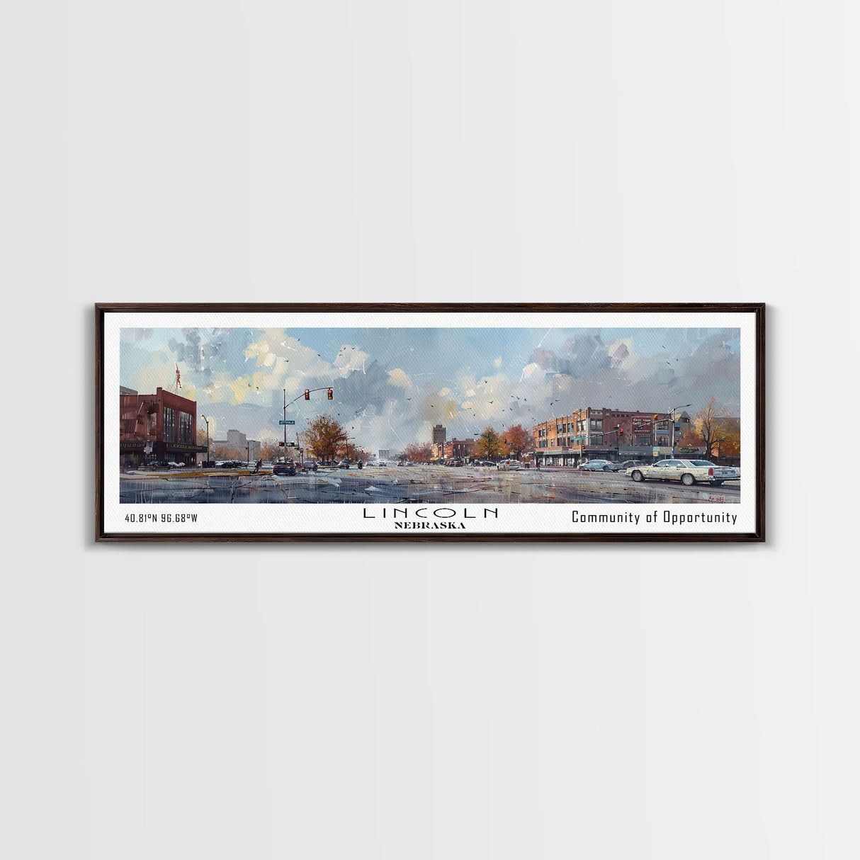 Lincoln Nebraska Panoramic Watercolor Cityscape, Framed Canvas Print for Living Room, Office Wall Art, Urban Decor, Travel Poster
