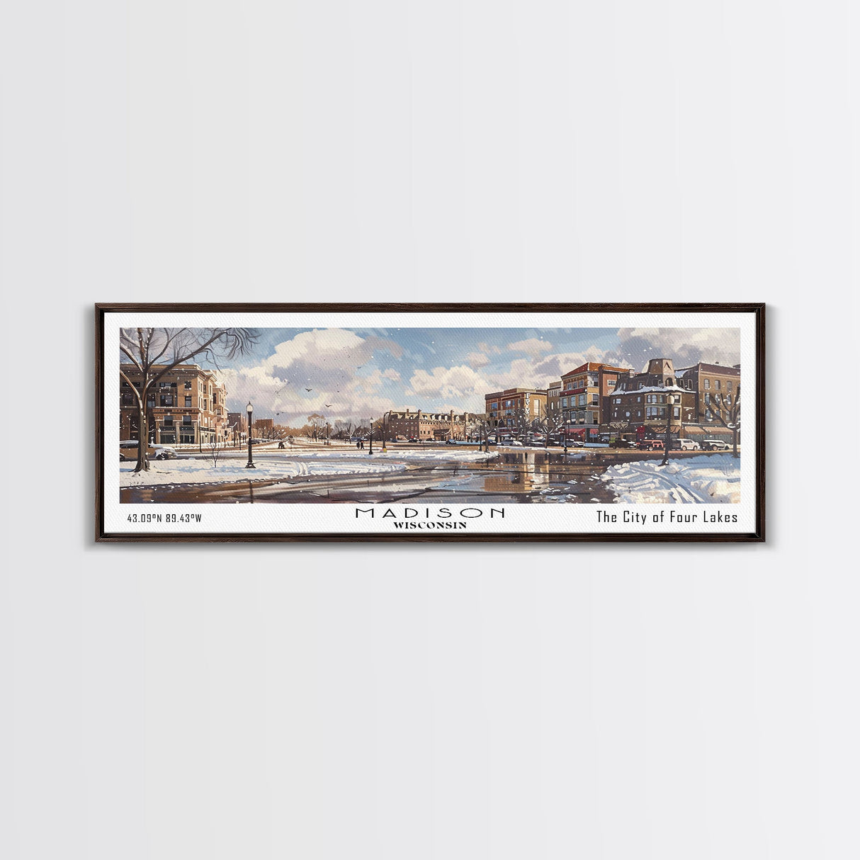Madison Wisconsin Panoramic Watercolor Cityscape, Framed Canvas Print for Living Room, Office Wall Art, Urban Decor, Travel Poster