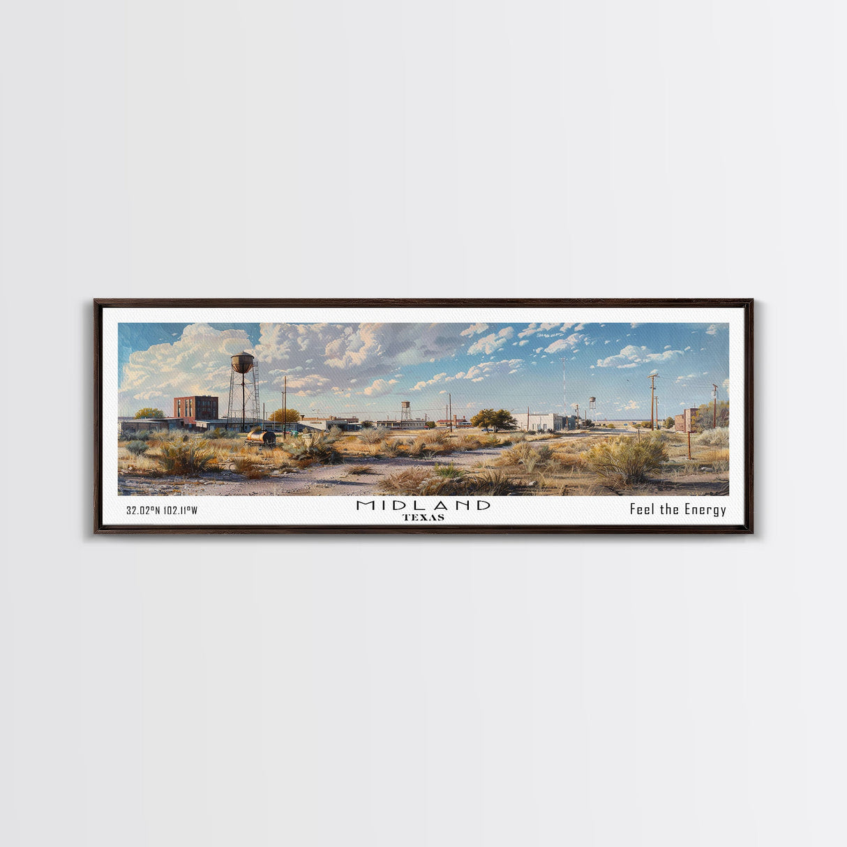 Midland Texas Panoramic Framed Canvas Print, Stunning Watercolor Painting, Office Wall Art, Travel Poster, Home Decor, City Art, Gift Idea
