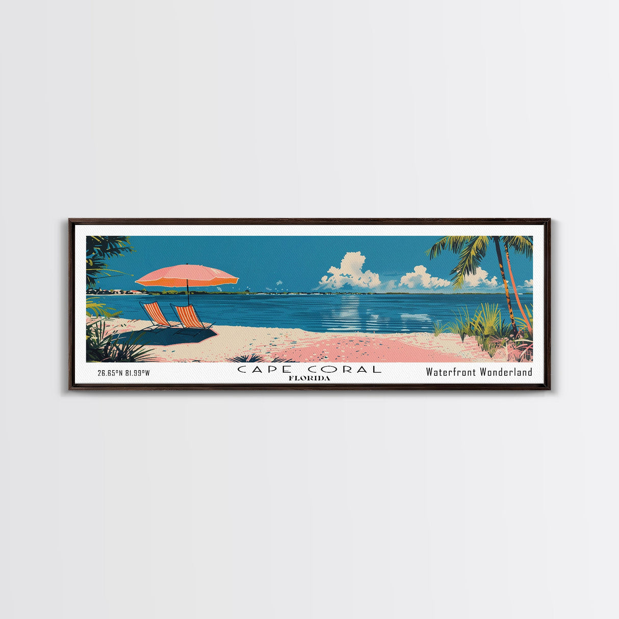 Cape Coral Florida Panoramic Painting, Mid Century Modern Framed Canvas Print, Retro Pop Art Travel Poster, Home Decor, City Print