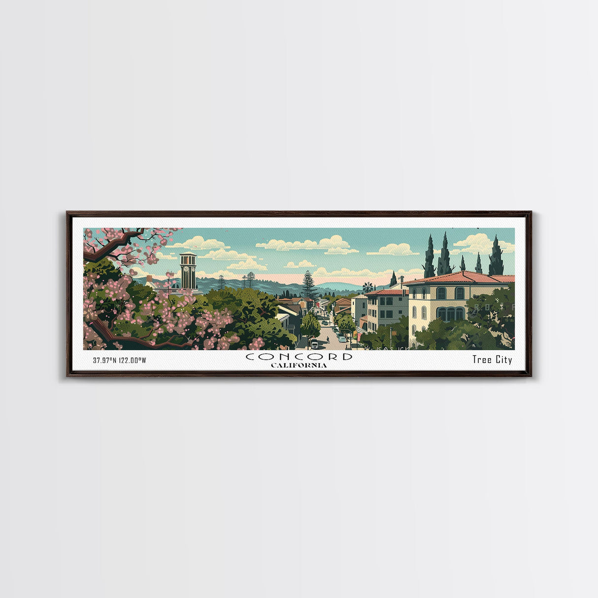 Concord California Panoramic Painting, Mid Century Modern Framed Canvas Print, Retro Pop Art Travel Poster, City Wall Decor, Office Decor