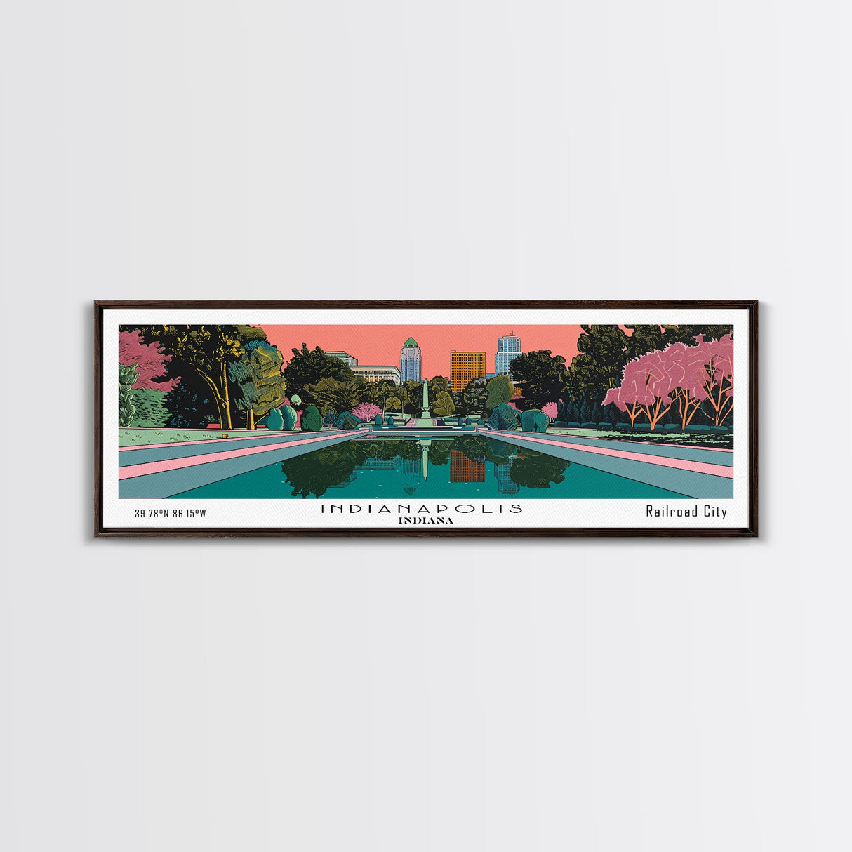 Indianapolis Indiana Panoramic Painting, Mid Century Modern Framed Canvas Print, Retro Pop Art Travel Poster, Office Decor