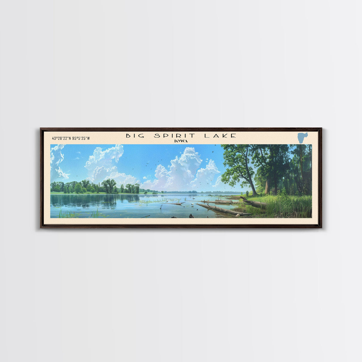 Big Spirit Lake Iowa Framed Canvas Print, Panoramic Lake House Decor, Scenic View, Travel Poster, Rustic Art, Lake Painting