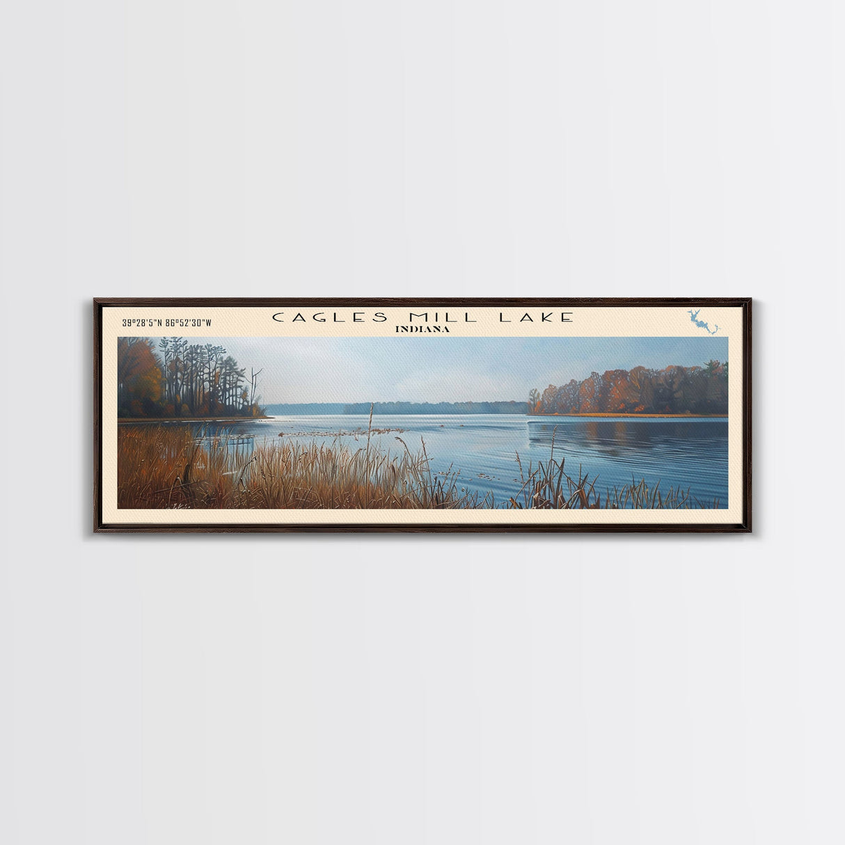 Cagles Mill Lake Indiana Framed Canvas Print, Lake House Art, Panoramic Travel Poster, Wall Art, Modern Lake Painting, Home Decor