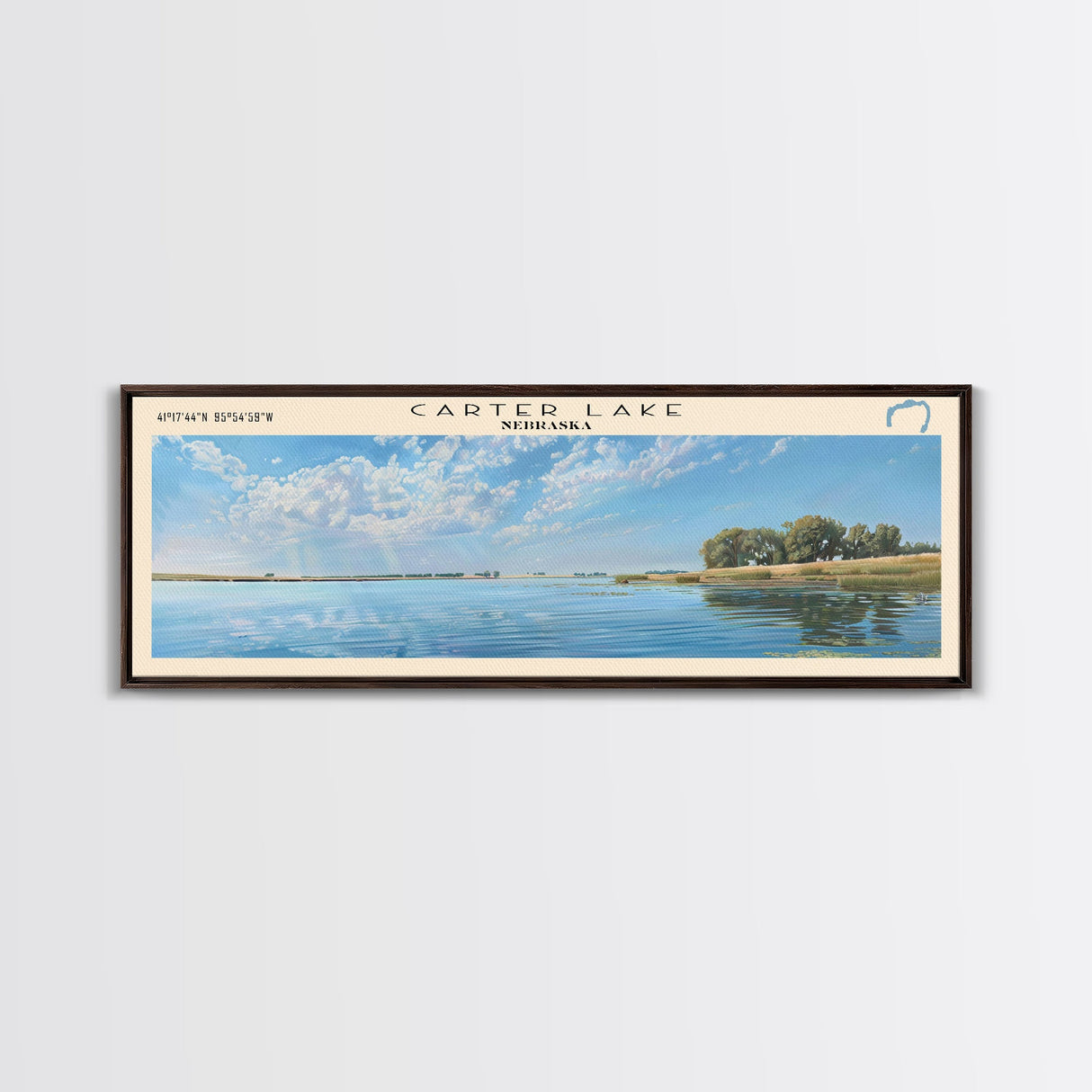 Carter Lake Nebraska Framed Canvas Print, Lake House Art, Panoramic Wall Art, Travel Poster, Modern Lake Painting, Home Decor