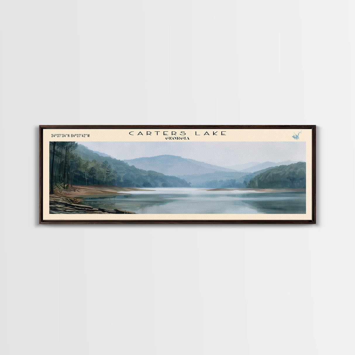 Carters Lake Georgia Framed Canvas Print, Panoramic Lake House Decor, Wall Art, Travel Poster, Rustic Lake Painting, Nature Art
