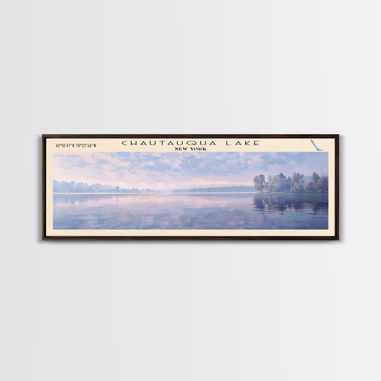 Chautauqua Lake New York Framed Canvas Print, Lake House Art, Panoramic Wide Wall Art, Travel Poster, Modern Lake Painting, Nature Art