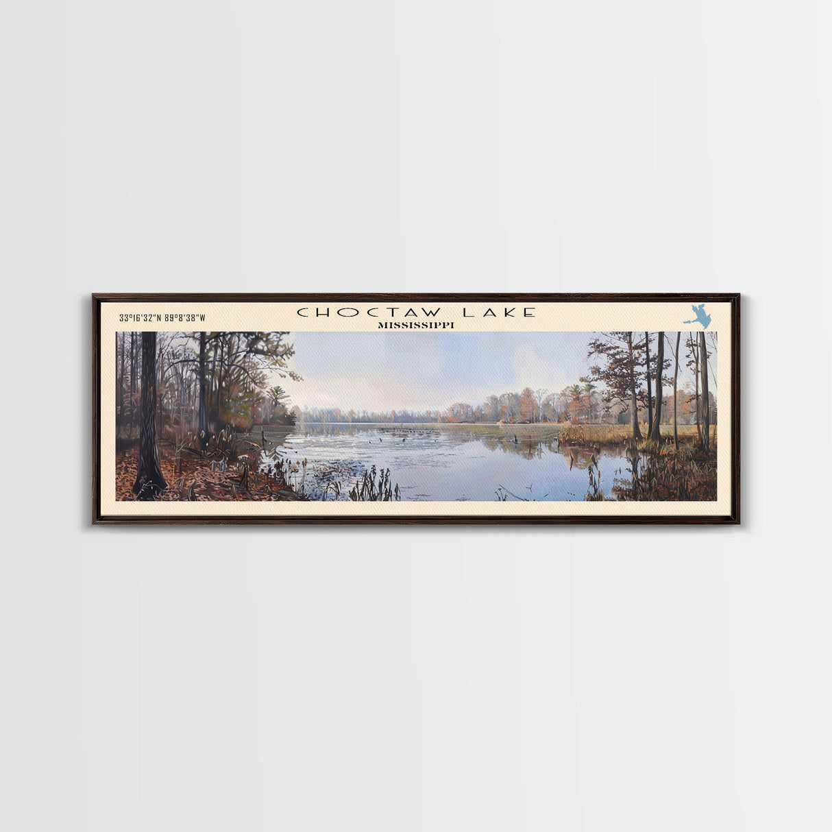 Choctaw Lake Mississippi Framed Canvas Print, Lake House Art, Panoramic Wide Wall Art, Travel Poster, Rustic Lake Painting, Home Decor