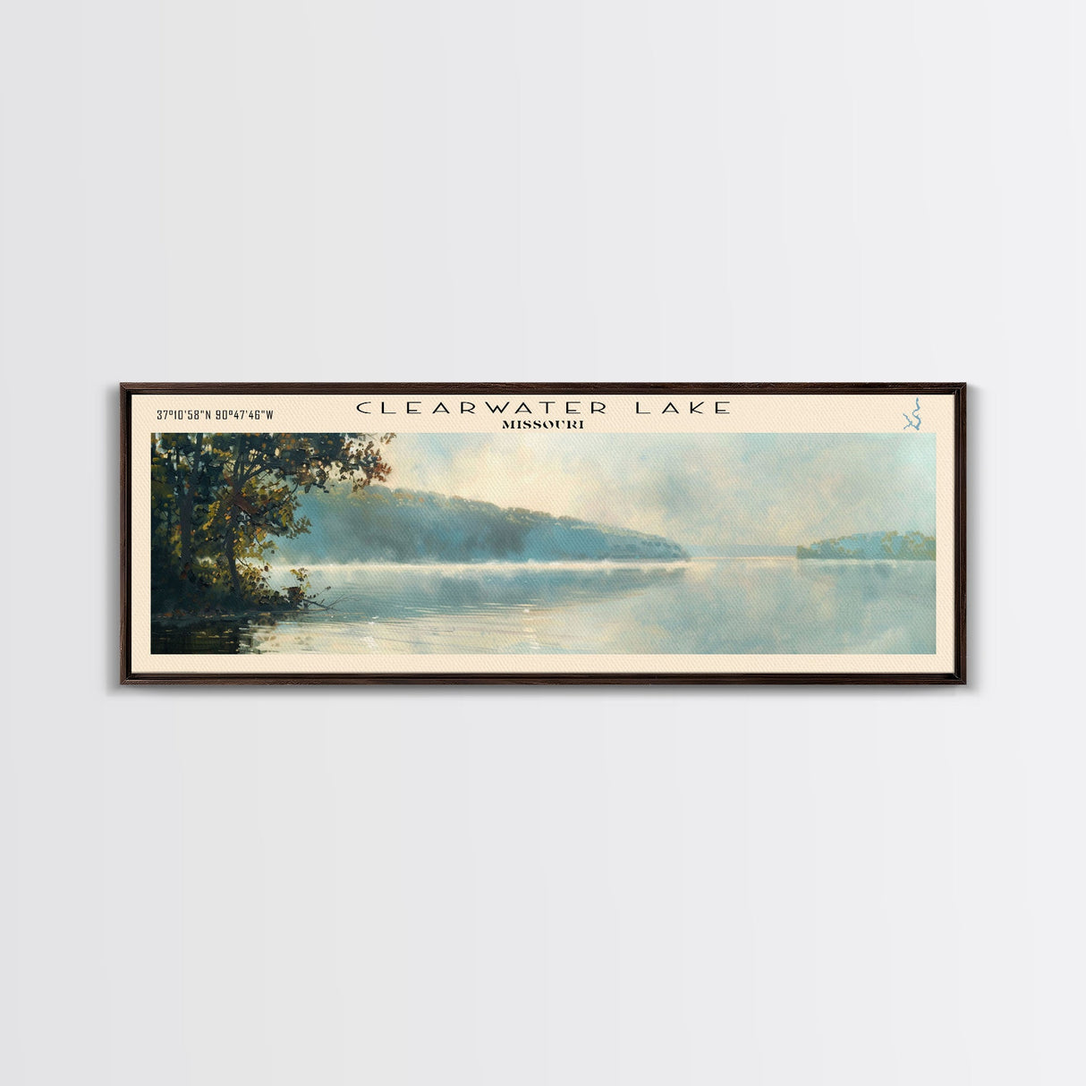 Clearwater Lake Framed Canvas Print, Lake House Art, Panoramic Travel Poster, Wide Wall Art, Modern Lake Painting, Home Decor