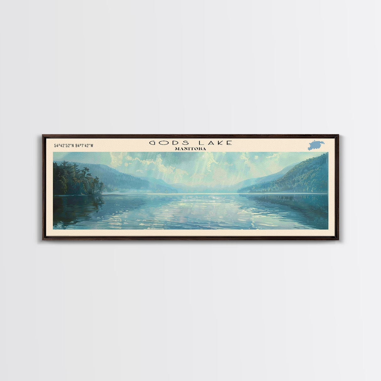 Gods Lake Framed Canvas Print, Lake House Decor, Panoramic Wall Art, Travel Poster, Scenic Lake Painting, Nature Art
