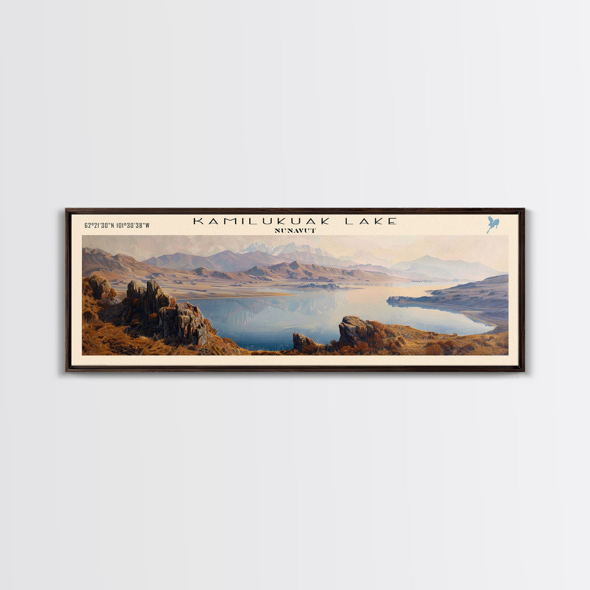 Kamilukuak Lake Framed Canvas Print, Lake House Decor, Panoramic Wall Art, Travel Poster, Captivating Lake Painting, Nature Art