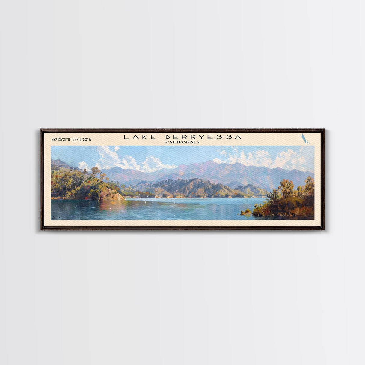 Lake Berryessa California Framed Canvas Print, Panoramic Lake House Decor, Wall Art, Travel Poster, Serene Lake Painting, Home Decor