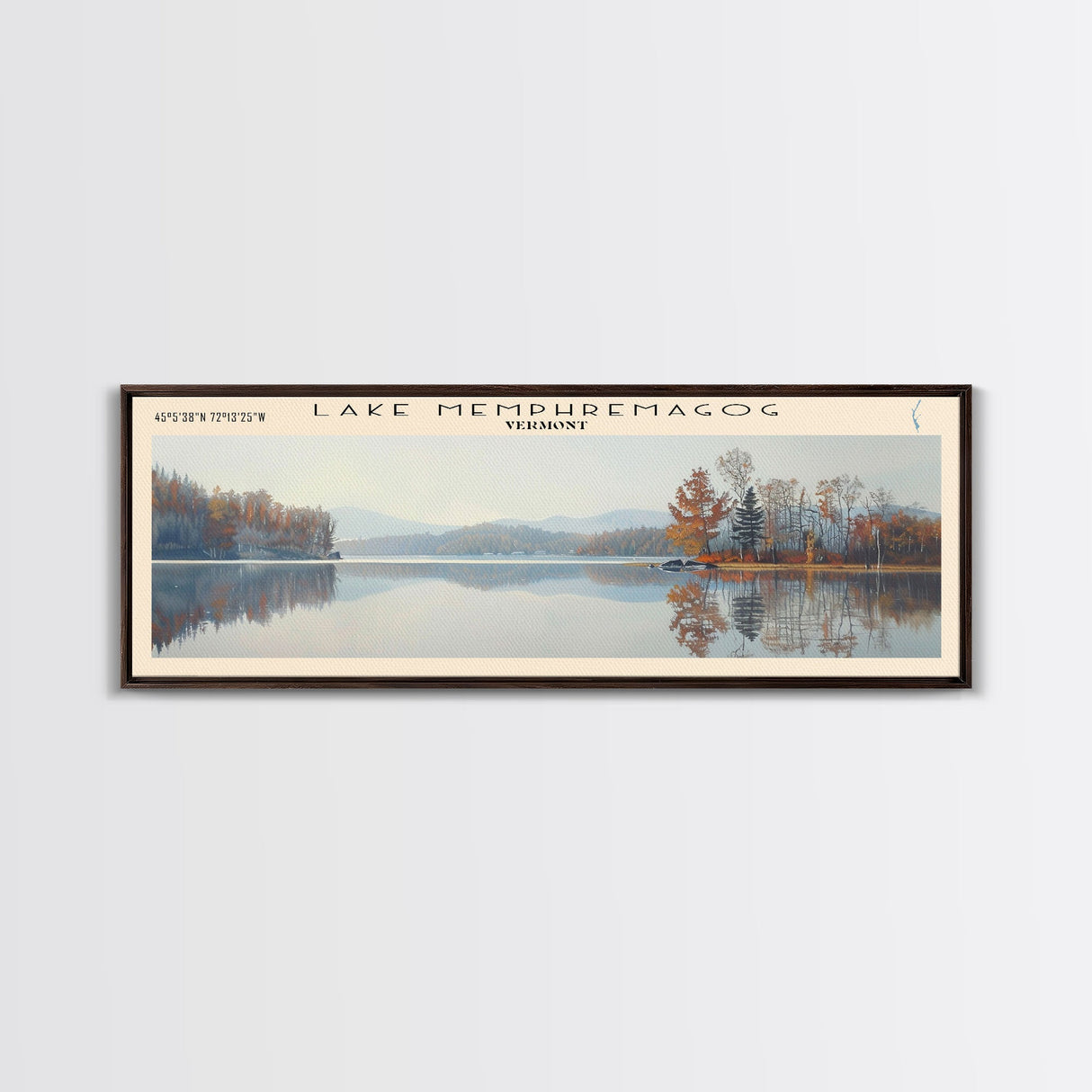 Lake Memphremagog Vermont Framed Canvas Print, Lake House Decor, Panoramic Wall Art, Travel Poster, Beautiful Landscape Painting, Bedroom Decor