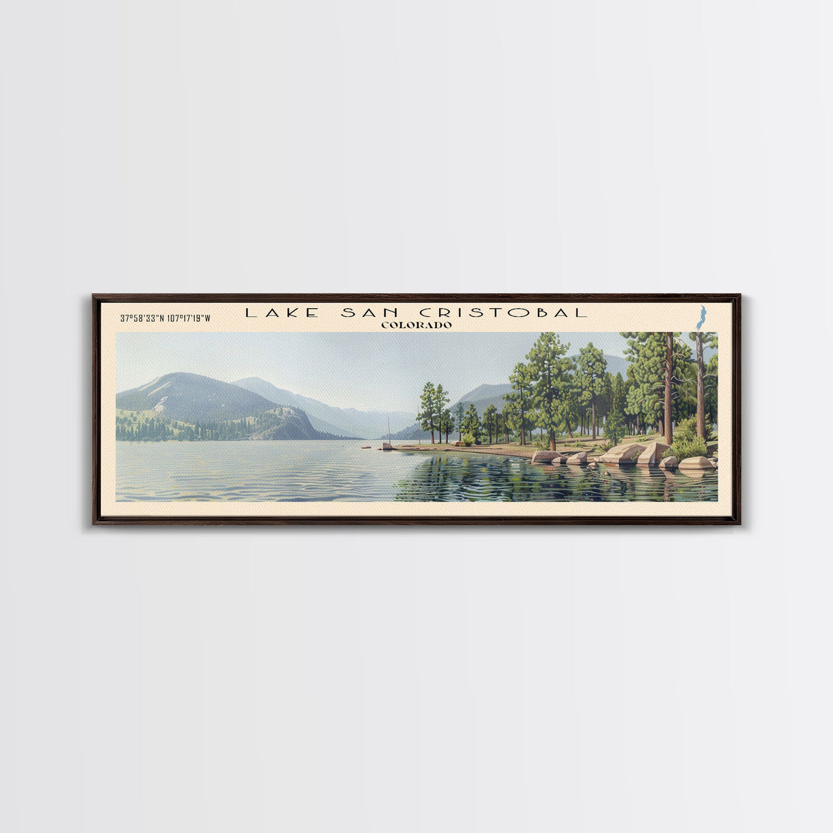 Lake San Cristobal, Boho Art, Beautiful Landscape, Travel Poster Art, Wall Art, Home Decor, Nature Scene, Lake Painting, Minimalist Art, Living Room Decor, Travel Print, Framed Canvas Print, Lake House Decor, Panoramic Print